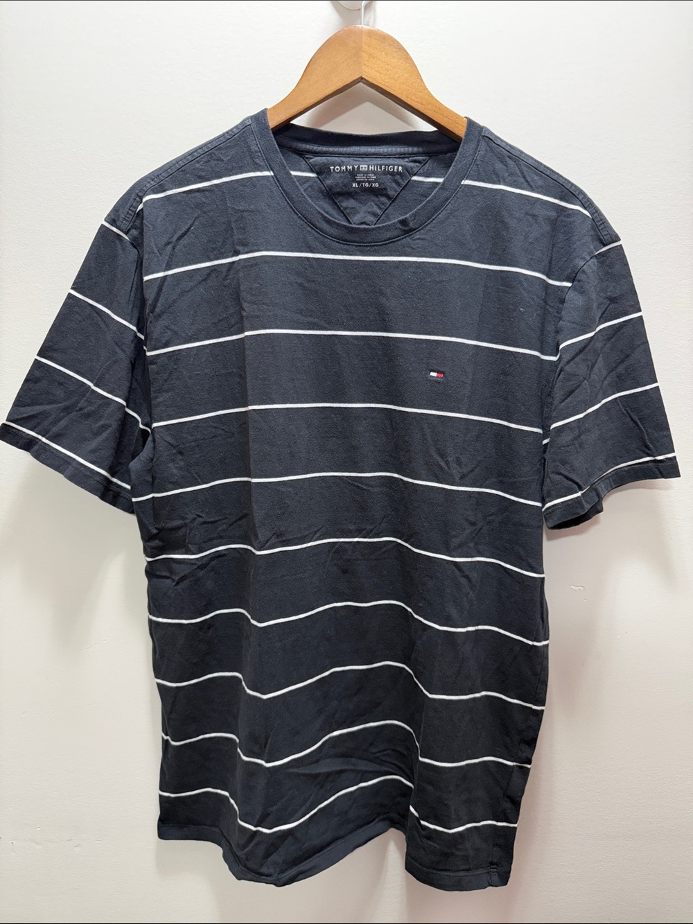 Tommy Hilfiger Black Tee with White Stripes Size XL 28.5x23